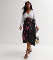 New Look Curves Black Floral Spot Midi Wrap Skirt